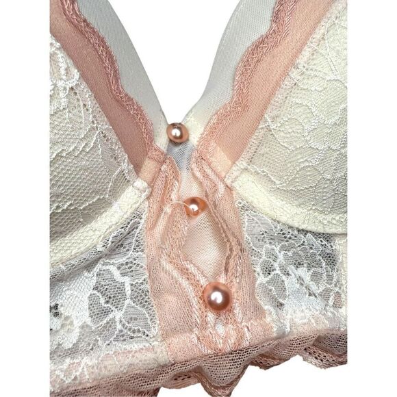 LoveHoney Lingerie Women’s Large Push Up Bra Pink White Lace Coquette - Picture 2 of 7